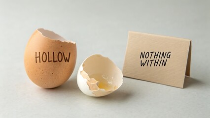Cracked egg shell with text representing emptiness and a concept