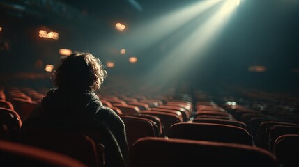 Audience member sits alone in theater with bright stage light during performance, creating an engaging atmosphere of anticipation and focus