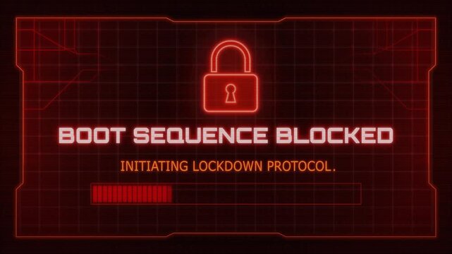 System failure animation showing boot sequence blocked, unauthorised access detected, and process failed alert. Red tech UI, security warning screen for tech and hacking videos.