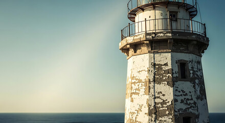 Abandoned old lighthouse tower standing alone on rocky coastline with peeling paint and rusty railing, serene ocean background at sunset