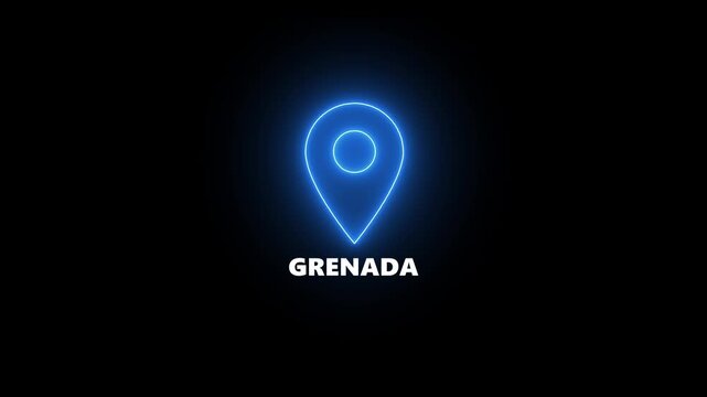 Neon blue location pin icon with the word GRENADA in white text on a black background map marker