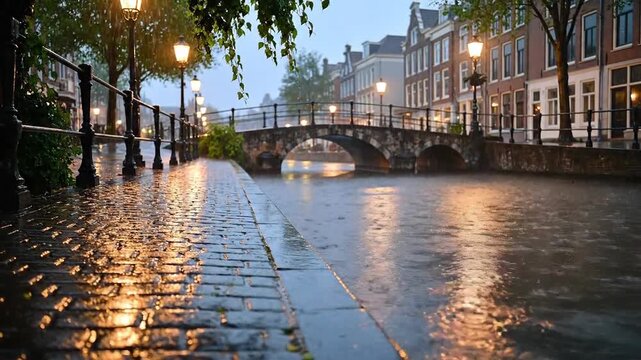 A Rainy Day Along a Picturesque Canal, Reflected Lanterns Glow on the Water