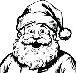 Vintage Black and White Santa Claus Face Illustration with Joyful Expression and Classic Hat