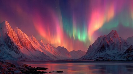 Majestic northern lights illuminate snowy mountains and calm waters in a winter landscape at night