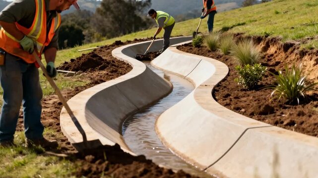 Medium shot of workers shaping a swale on a sloped landscape integrating natural water management to control runoff effectively.