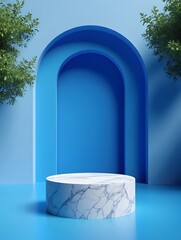Blue arch podium with marble cylinder display