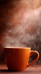 Fototapeta premium Warm orange mug sits on dark brown surface, delicious hot beverage releasing fragrant steam upwards.
