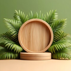 Wooden podium with tropical palm leaves