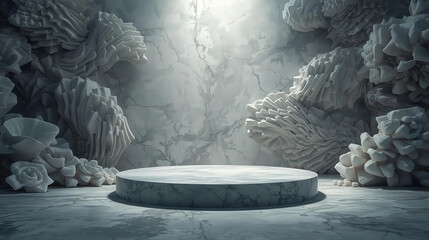 Ancient Asian stone sculpture of a Buddhist deity near a snow-covered fountain in a park at night