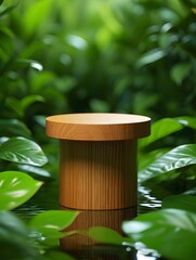Wooden cylindrical display stand in lush greenery