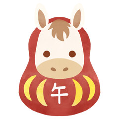 馬のだるま 水彩イラスト 正月 新年 干支 縁起物 和風デザイン素材