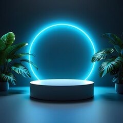 Neon circle podium with tropical plants