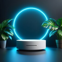 Neon circle podium with tropical plants