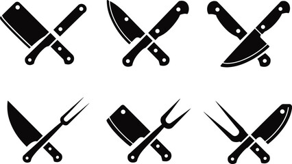 Crossed Kitchen Utensil Silhouettes Featuring Knives and Meat Forks for Culinary Branding, Restaurant Logos, and Food Design Projects