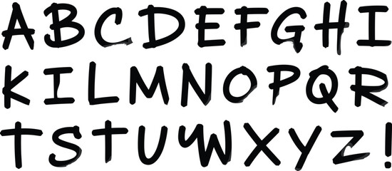 Rough hand-drawn marker alphabet with bold sketchy uppercase letters and punctuation, featuring expressive blue-outline doodle typography for creative design, branding, and artistic projects.