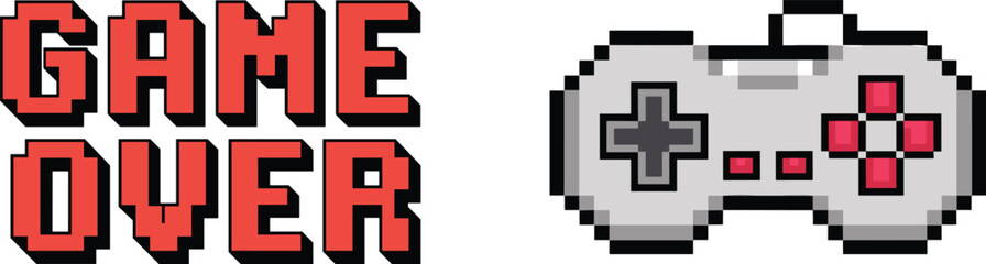 Pixel Art Game Over Text with Retro Video Game Controller for Gaming Design, Arcade Themes, and Digital Media Projects