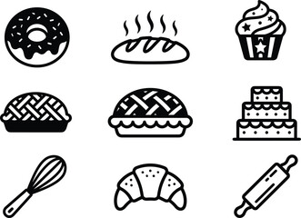 Black and white baking icons set featuring bread, cake, pie, whisk, rolling pin, donut, croissant, cupcake, and pastry tools