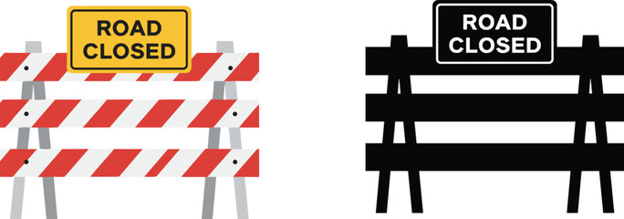 Road Closed Barricade Signs in Detailed and Silhouette Styles for Traffic Control, Construction Alerts, and Safety Design Projects