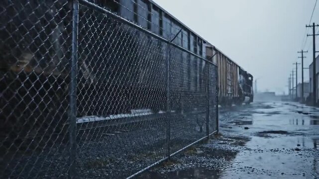 A Rainy Day at the Train Yard: A Cinematic Perspective of Locomotives, Railroad, and Weather