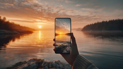 Hand holding a smartphone displaying a collage of scenic landscapes during sunset by a river in a natural setting