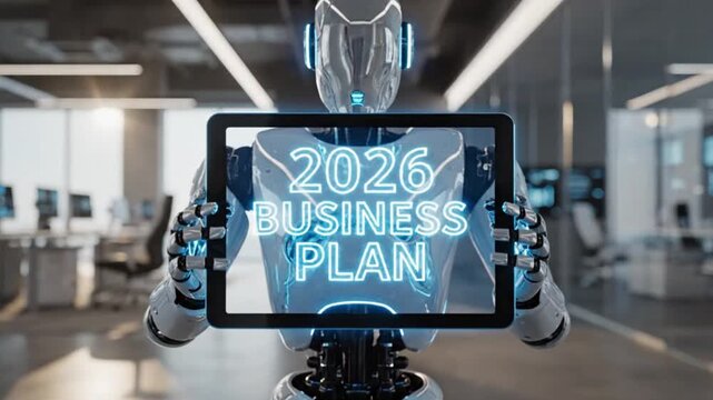 Robot Holding Tablet with Business Plan in Modern Office