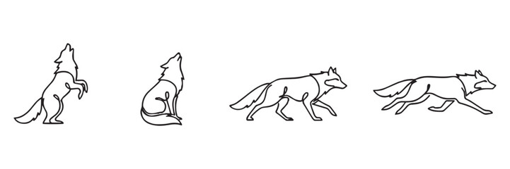Continuous line art illustrations showcasing various actions of a wild wolf, including howling, walking, and running