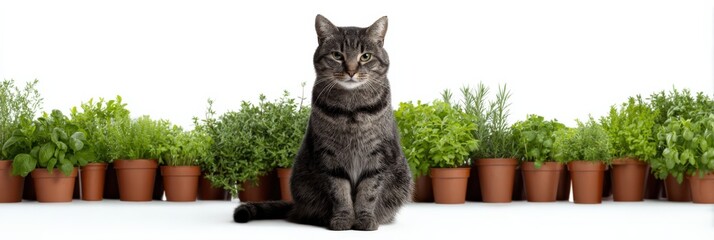 Tabby cat surrounded by greenery and potted plants