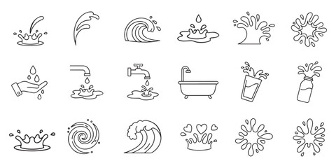 A collection of black line art water icons illustrating various splashes, waves, and faucets