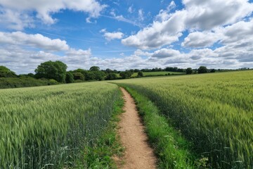 Obraz premium Tranquil dirt path through lush green wheat field under blue sky with clouds