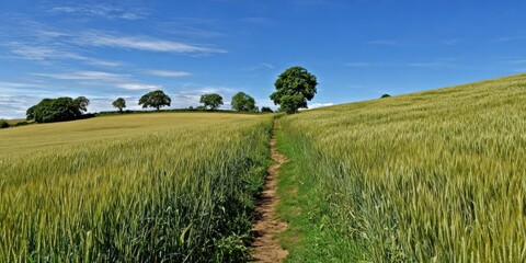 Fototapeta premium Scenic countryside path through lush green fields under blue sky