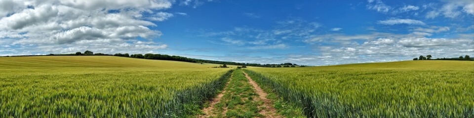 Obraz premium Scenic countryside panorama: pathway between lush fields under dramatic sky