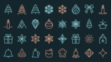 Neon Christmas Line Art Icon Set: Glowing Holiday Symbols Collection on Dark Background, Futuristic Vector Design.