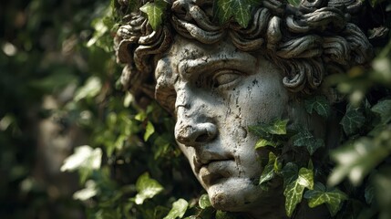 Beautiful stone bust surrounded by green vines in a sunlit garden setting during the day, showcasing nature's blend with art and history