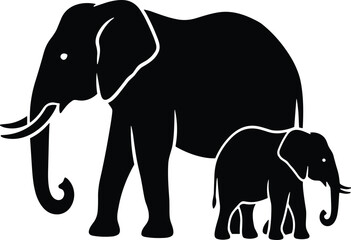 Silhouette of adult elephant walking beside baby calf, wildlife family illustration symbolizing protection, nature, motherhood, animal bond and African savanna themes
