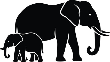Silhouette of adult elephant walking beside baby calf, wildlife family scene symbolizing nature, protection, motherhood, animal bond and African safari illustration