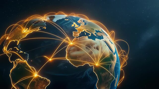 Global Digital Network Connecting the World with Glowing Data Lines

