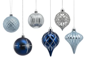 Six elegant icy blue and silver christmas ornaments, suspended by silver strings against a white studio background with copy space, luxurious holiday spirit.