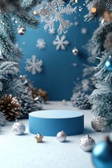 Naklejka na ściany i meble Elegant 3D render of a blue podium with Christmas ornaments and snowflakes creating a festive holiday atmosphere