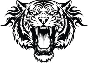 A striking black and white illustration of a roaring tiger s head