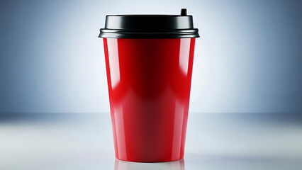 Red disposable coffee cup with black lid on a light studio background