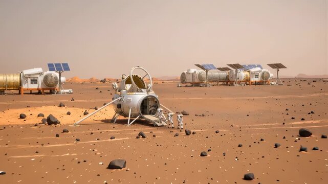 Arrival at a planetary outpost as explorers in spacesuits disembark from a lander. The camera pulls back to reveal a large settlement with solar panels on a red desert of planet Mars