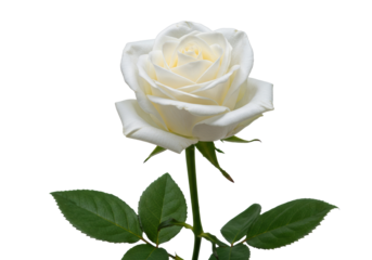 A transparent rose with unfurling, velvety petals and vibrant green stem, against a seamless transparent studio background with copy space, close-up shot. Concept of delicate elegance and subtle