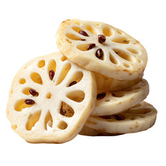 Stack of sliced lotus root, showcasing intricate patterns and textures, isolated on a clean background.