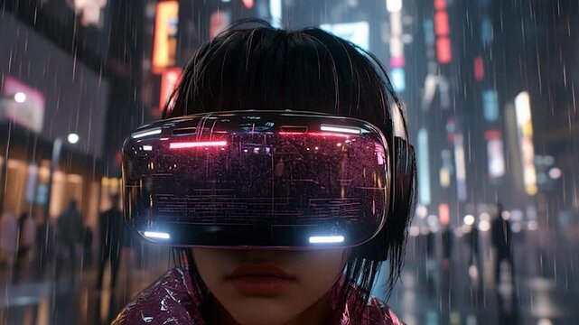 Futuristic VR headset user immersed in a neon-lit city street.