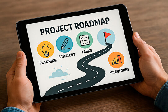 Project roadmap concept for business planning and strategy.