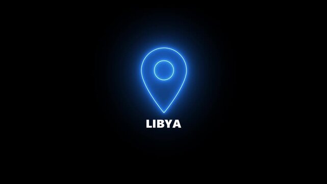 Neon blue location pin icon with the word LIBYA illuminated on a black background Libya map marker