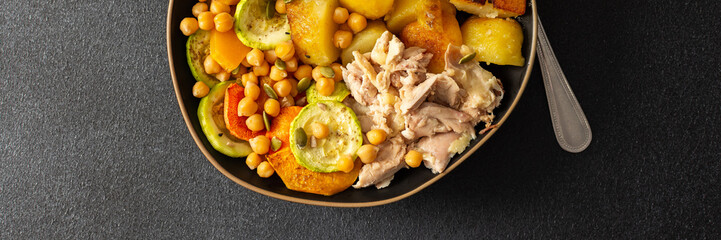 This balanced breakfast showcases baked sweet potato with carrots and zucchini, flavorful carrot and lentil cutlets, chicken breast, banner