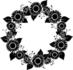 Elegant sunflower wreath design element for crafts, wedding invitations, or summer designs. Black and white floral frame with timeless style.