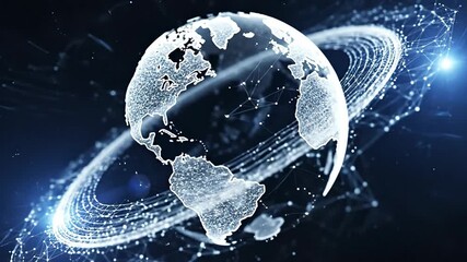 Abstract Digital Globe Depicting Connectivity with Circular Networks and Blue Light against a Black Background
