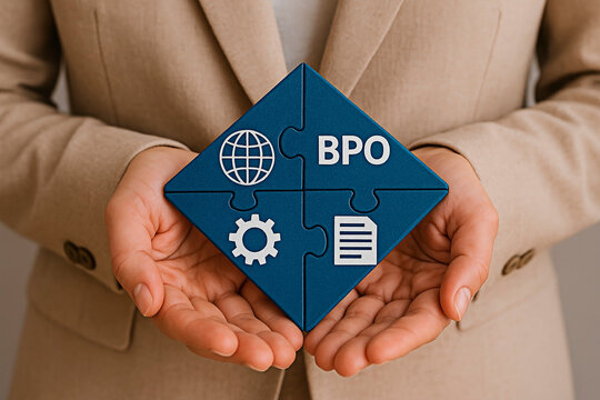 Business process outsourcing (BPO) puzzle in hand for business strategy concept.